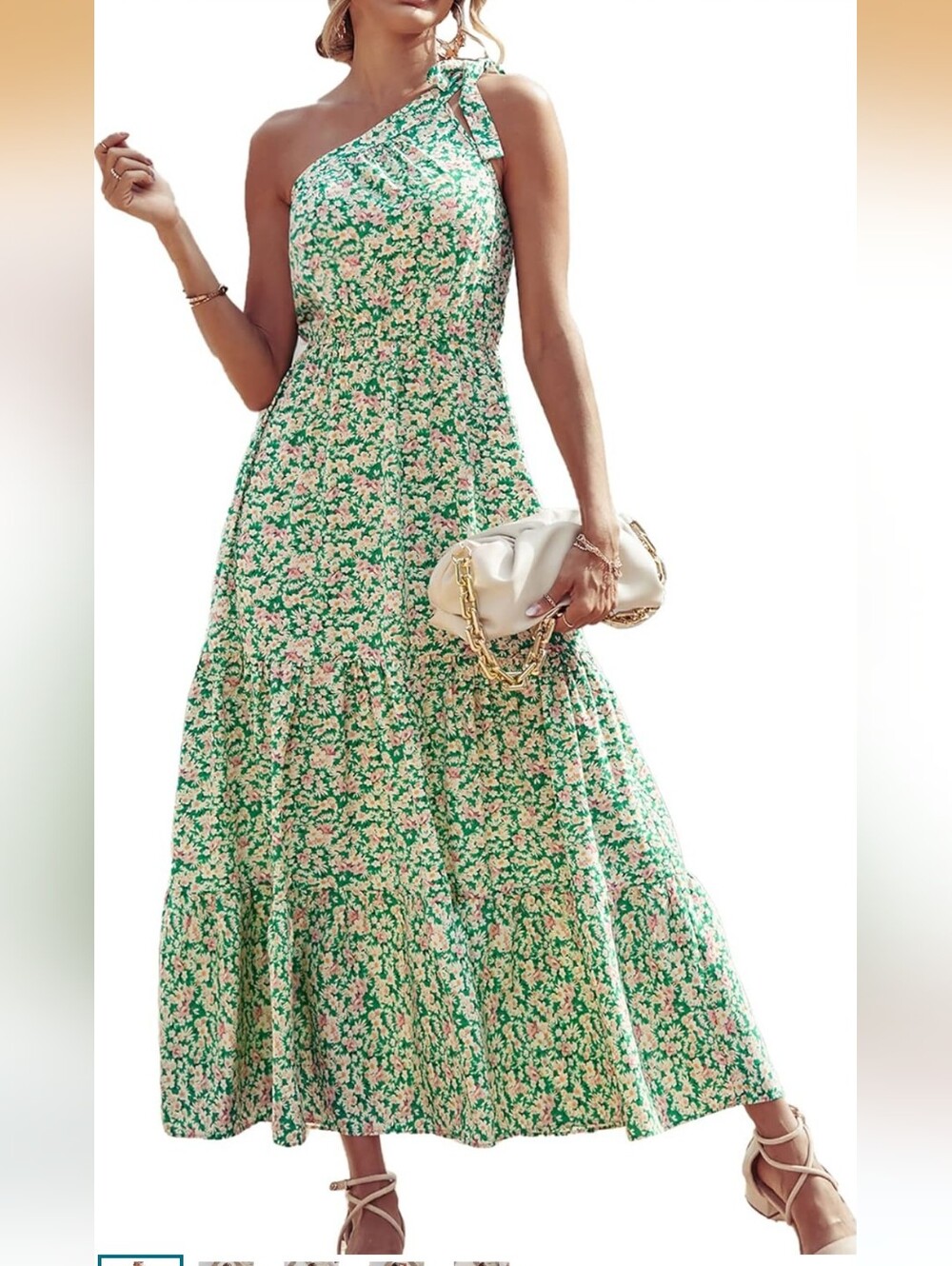 Green One-Shoulder Floral Maxi Dress with Bow Detail